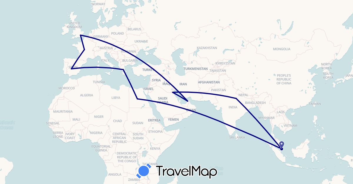 TravelMap itinerary: driving in United Arab Emirates, Egypt, Spain, France, United Kingdom, Greece, India, Kuwait, Singapore (Africa, Asia, Europe)